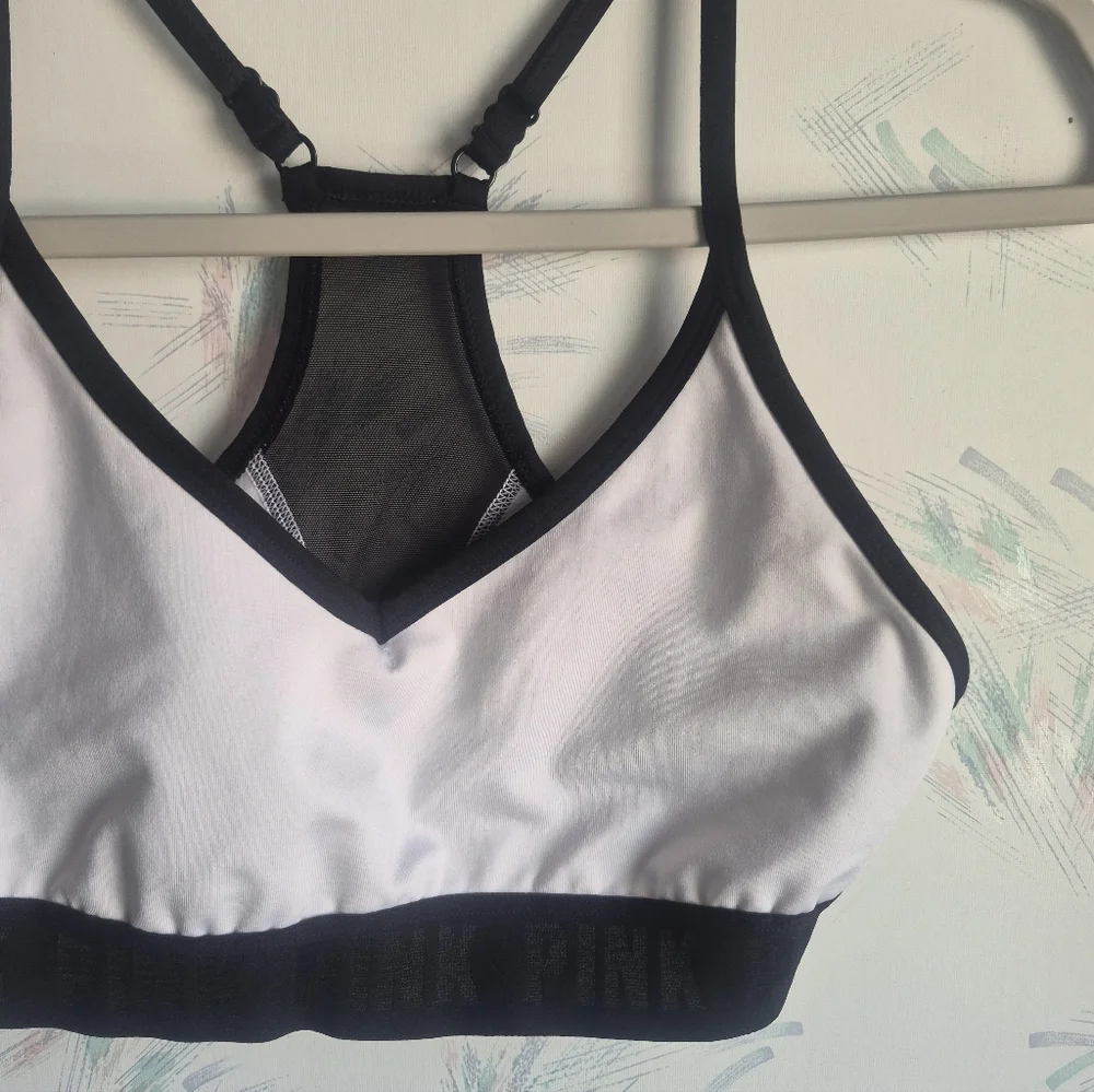 PINK Victoria's Secret White & Black Racerback Sports Bra